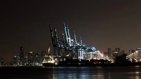 Night Timelapse hyperlapse Miami harbor with cargo ships and cranes Stock Footage 100866253