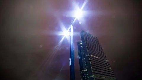 Night timelapse hyperlapse of skyscraper in Denver with light, Colorado Stock Footage 96271838