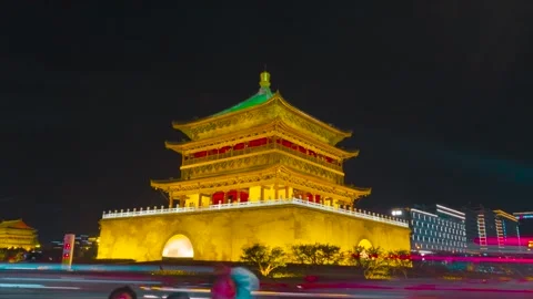 Night Timelapse of the Illuminated Bell Tower in Xi'an City Center Stock Footage 342305235