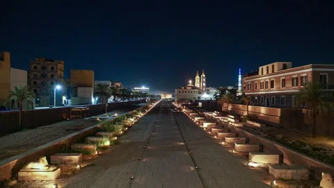 Night timelapse of the Illuminated Sphinx Avenue to Luxor temple In Egypt Stock Footage 333934520