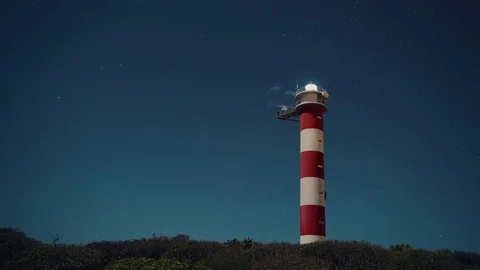 Night timelapse of lighthouse starry sky and aircrafts Видео 78593041