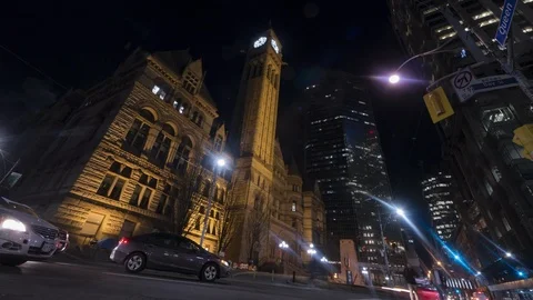 Night Timelapse Low View of Old City Hall in Toronto Stock Footage 87985244