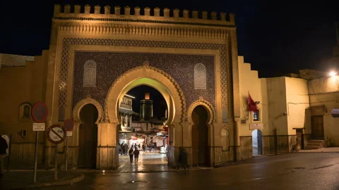 Night timelapse of people walking through Blue Gate, Fes, Morocco Stock Footage 304882187