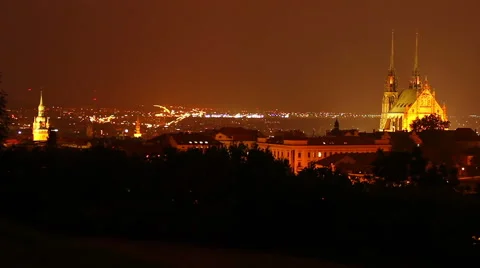 Night timelapse small town Gothic architecture, church lighten, click for HD Stock Footage 43844711