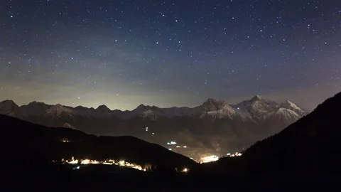 Night timelapse view of Saint Barthelemy and Aosta city, Alps, Italy, Europe Stock Footage 93159017
