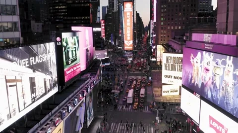 Night Times Square Midtown Manhattan Aerial. Night cinematic drone 4k Stock Footage