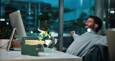 Night, tired and man with computer, burnout and fatigue with proofreading for Video stock 310797854