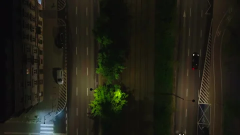 Night top-down advancing drone of roads and tram tracks, Warsaw Stock Footage 339175901
