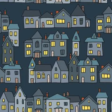 Night town homes vector illustration - seamless pattern. Stock Illustration