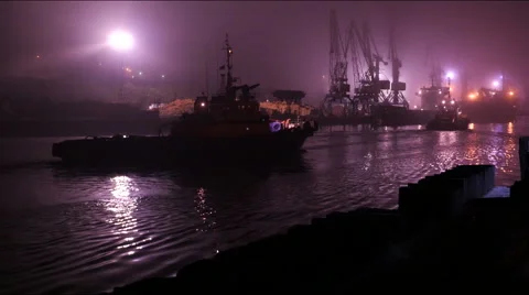 Night tows in seaport Stock Footage 54898262