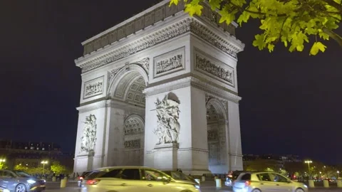 Night traffic at the Arc de Triomphe roundabout in Paris, France Stock Footage 328962516