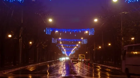 Night traffic on boulevard prepared for winter holidays Stock Footage 44755411