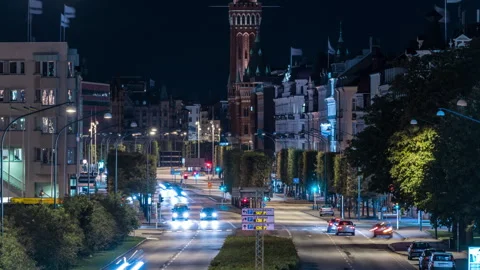 Night Traffic Flowing Past Helsingborg Town Hall Sweden Timelapse Stock Footage 342498094