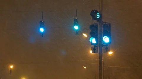 Night Traffic Lights Thick Snowing Stock Footage 71224754