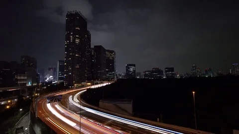 Night Traffic Long Exposure Video (light trails) Shuto Expressway Tokyo 07 Stock Footage 71557543