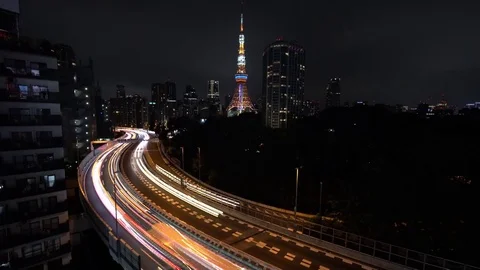 Night Traffic Long Exposure Video (light trails) Shuto Expressway Tokyo 01 Stock Footage 71558051