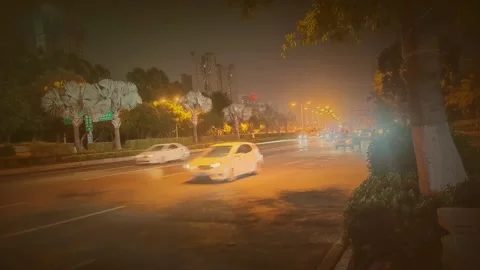 Night Traffic Motion Blur Along Illumined City Avenue With Palm Trees Stock Footage 331492685