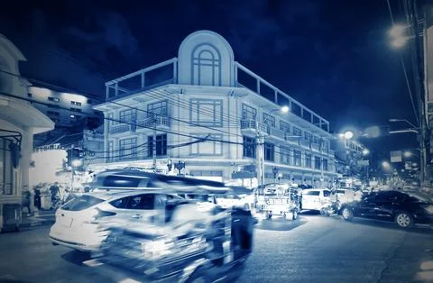 Night traffic at Plaeng Nam Intersection on Charoen Krung Road Stock Photos