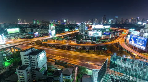 Night traffic rush road junction bangkok city panorama 4k time lapse thailand Stock Footage 61868156