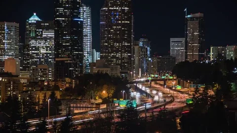 Night Traffic on a Seattle Freeway Stock Footage 69265079