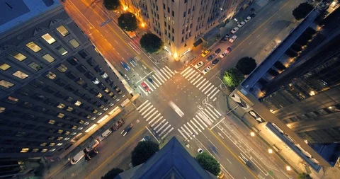 Night traffic on street intersection in downtown Los Angeles. View from above 4K Stock Footage 100028694