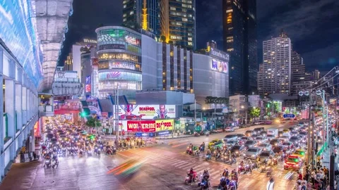 Night Traffic Timelapse at Asok Intersection, Bangkok with Terminal 21 Mall View Stock-Footage 325658926