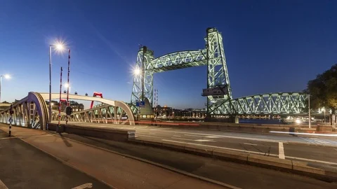 Night traffic timelapse old bridge Rotterdam Stock Footage 96605567