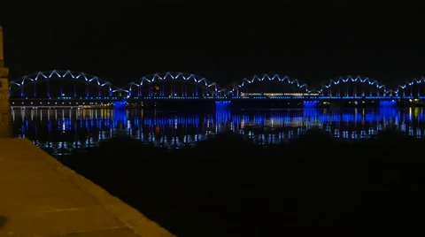 Night train on the bridge, 4K Stock Footage 61738340