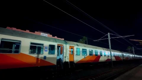 Night Train at Marrakech Railway Station Under Artificial Lights Stock Footage 301672007