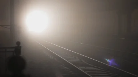 Night train railway lights through the fog Stock Footage 122860618