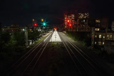 Night train tracks Stock Photos