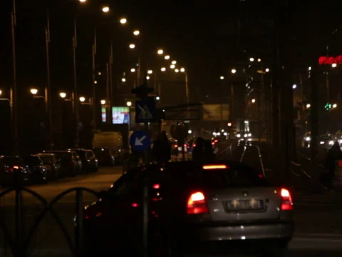 Night Tram Cross Road Rush Time Intersection Late Bus Video stock 46469996