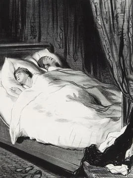Night of the Two Noses Couple lying in bed and sleeping and snoring c 1860 Ilustração Stock