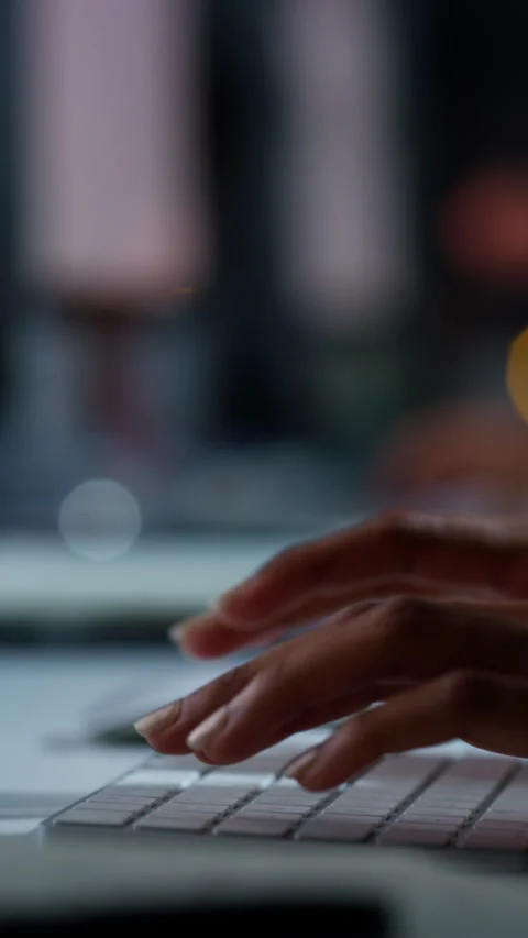 Night, typing and hands with computer keyboard for research, story writing and Stock Footage 334940099