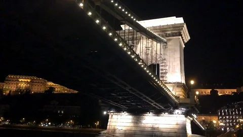 Night under the Budapest Chain Bridge toward Budapest Castle Stock Footage 114667346
