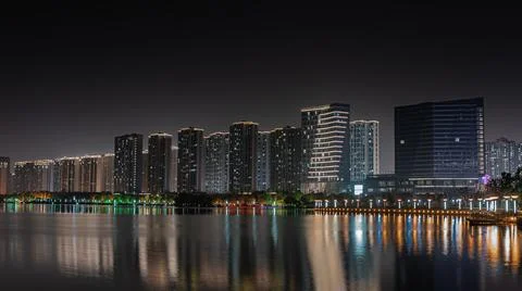 Night Urban Buildings With Reflection, Suzhou,China Stock Photos