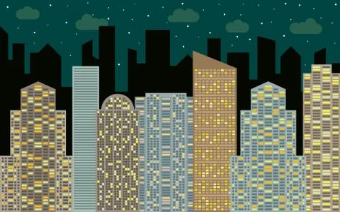 Night urban landscape. Street view with cityscape, skyscrapers Stock Illustration