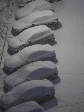 Night urban scene in winter time, snowcovered cars parked on a road Stock Photos