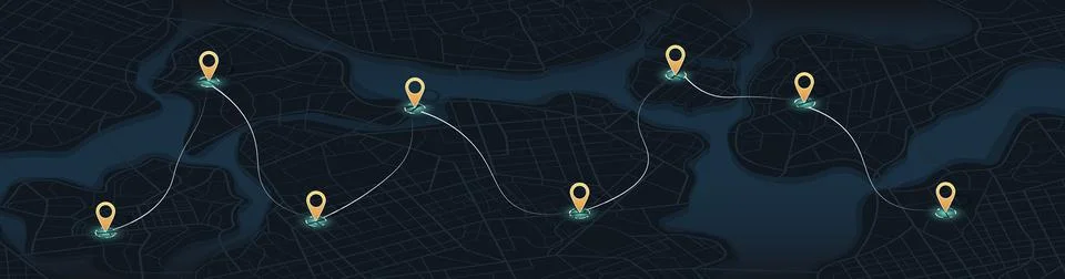 Night urban scheme featuring smooth white itinerary path connecting golden Stock Illustration