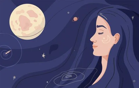 Night vector illustration with sleeping young beautiful woman, long hair, dark Ilustração Stock