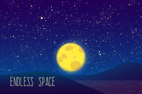 Night vector moon, shining stars on blue sky. Stock Illustration