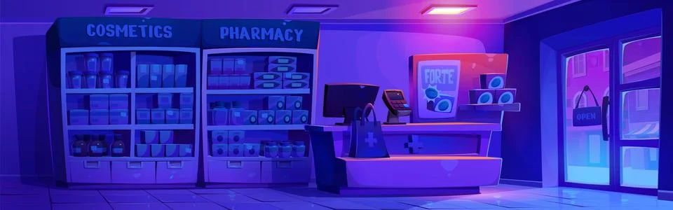 Night vector pharmacy store interior with counter Stock Illustration