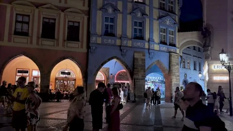 Night vibrance around the Old Town Hall in stunning Prague square Stock Footage 343876835