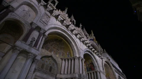 Night video of the domes of St. Mark's Cathedral in Venice, Italy Stock Footage 68033295