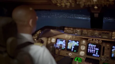 Night view as 747 pilot approaches to land at San Francisco airport 4K Stock Footage 53201510