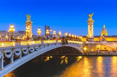 Night view of Alexandre 3 Bridge in paris, france Stock Photos