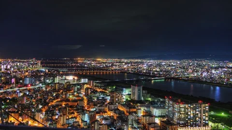 Night View along Yodo River from Umeda Sky Building at night, Osaka, Japan Video stock 86264389