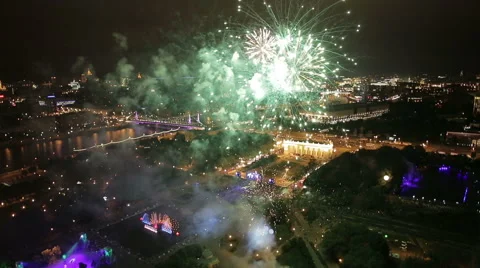 Night view and firework at Moscow city Stock Footage 51829962