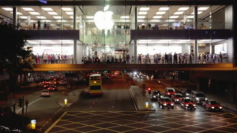 Night view of the Apple Store, Hong Kong. Accelerated time Stock Footage 86499085