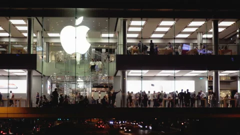 Night view of the Apple Store, Hong Kong. Accelerated time Stock Footage 86499197